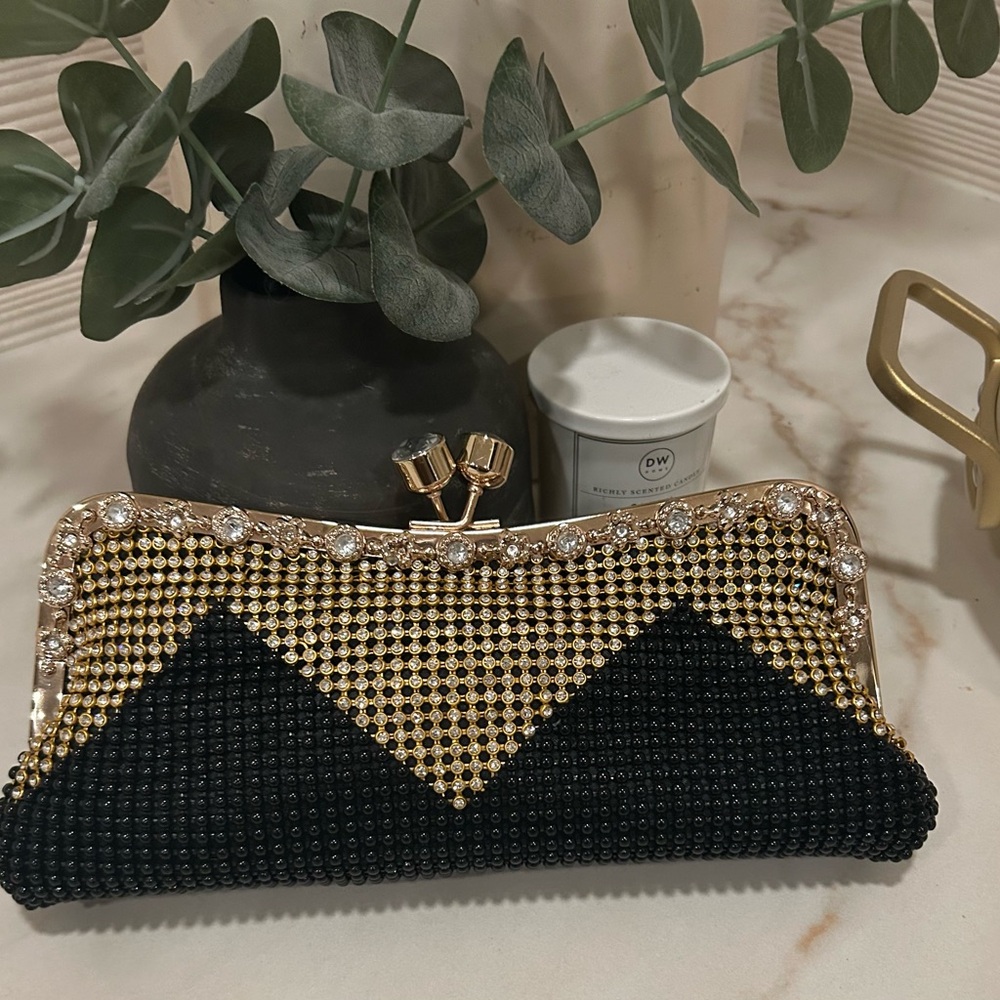 Chic Black and Gold Beaded Clutch